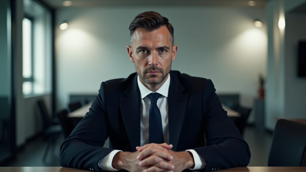Profissional em conferência de negociação, sentado à mesa de reunião com blocos de notas, ambiente corporativo com múltiplas pessoas ao fundo, luz profissional