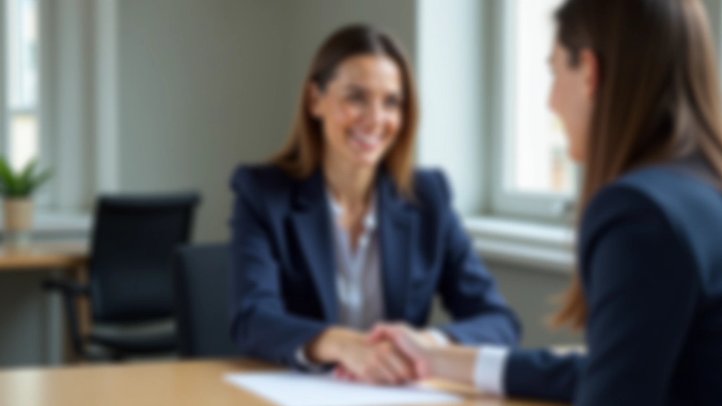 Duas mulheres profissionais assinando contrato em mesa de escritório, aperto de mão ao fundo