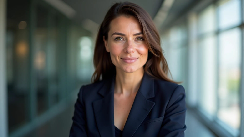 Mulher profissional em blazer azul-marinho, em apresentação durante reunião de negócios, apontando para gráfico enquanto fala, escritório moderno com luz natural